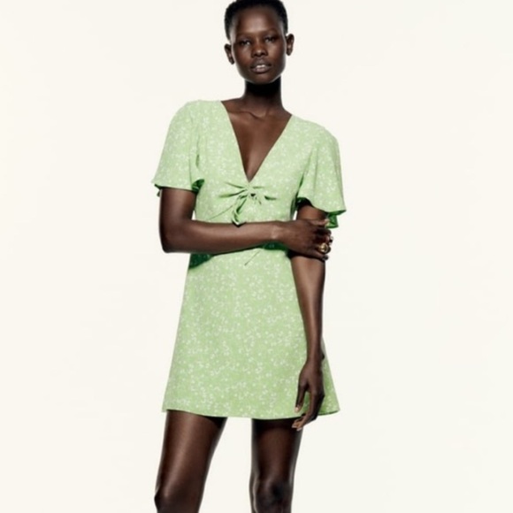 Zara Lime Green Mini Tie Front Dress - Picture 1 of 7
